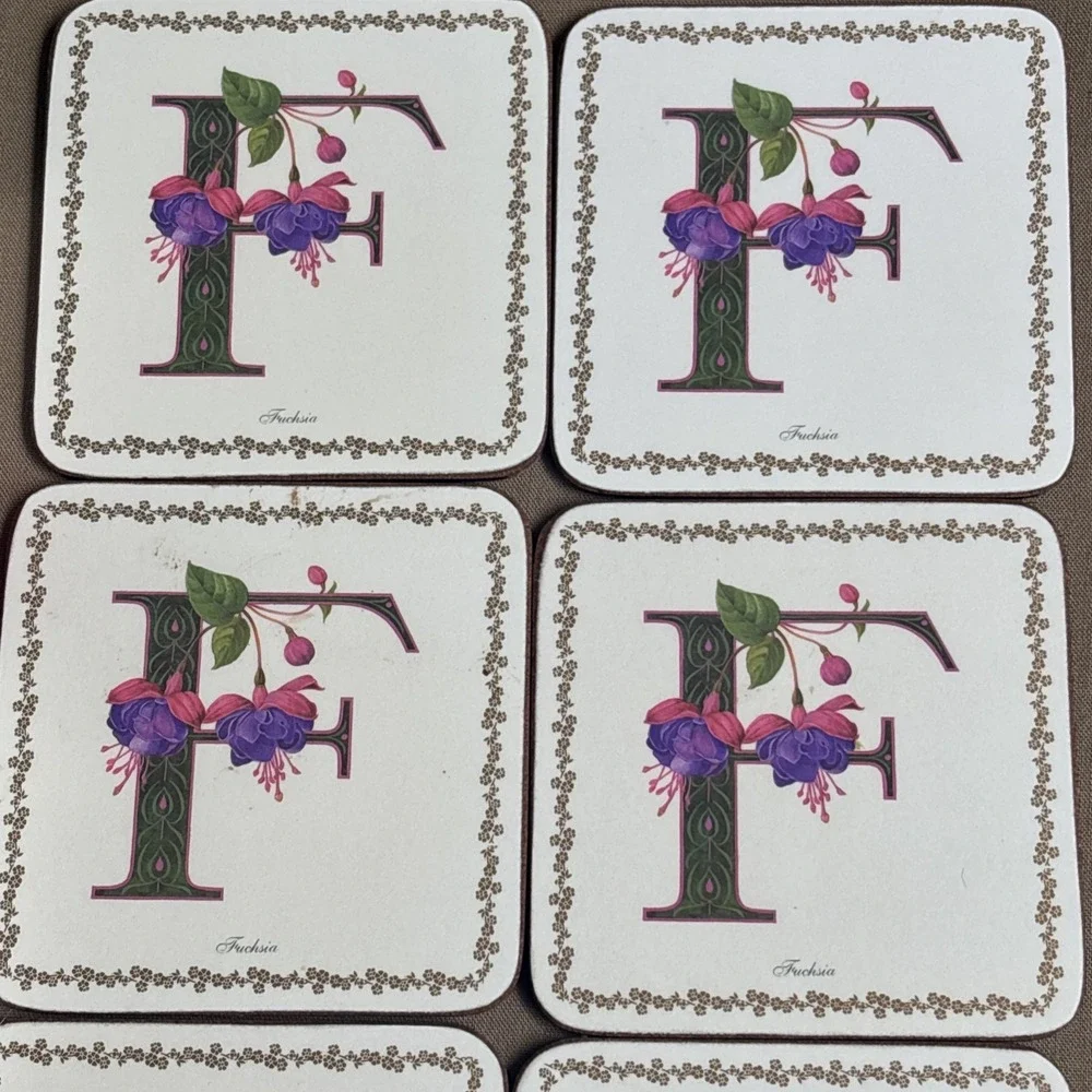 Pimpernel Set of 6 Letter F Fuschia  Coasters Cork Back in original box England